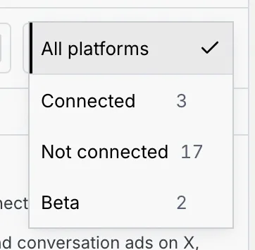 The status filter open: All platforms, Connected 3, Not connected 17, Beta 2