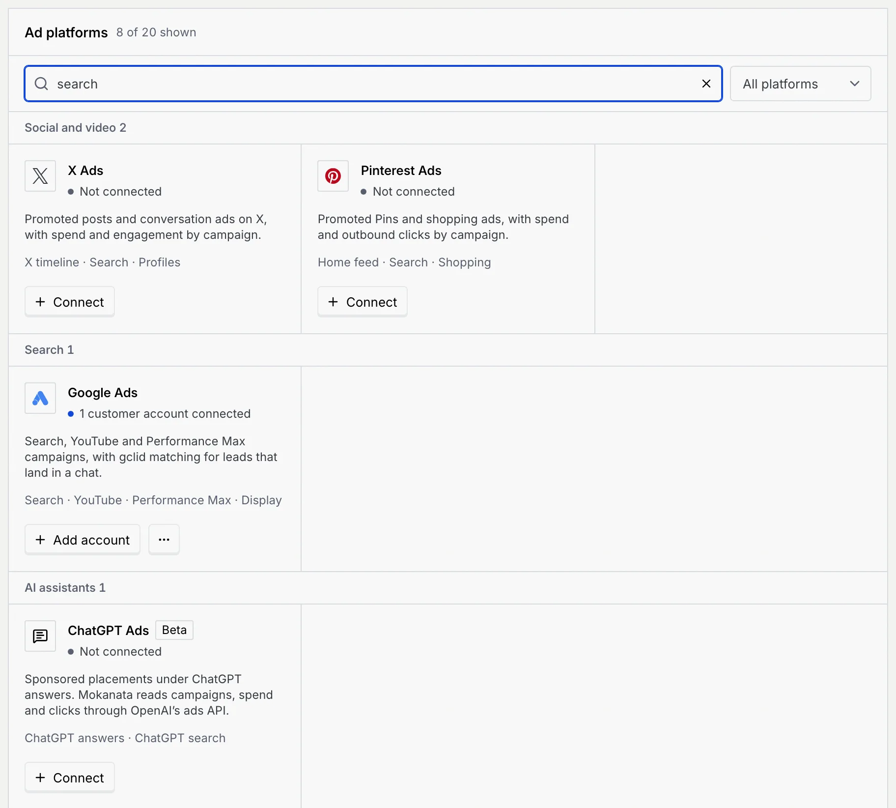 Searching "search" shows 8 of 20 platforms: X Ads, Pinterest Ads, Google Ads, ChatGPT Ads and others