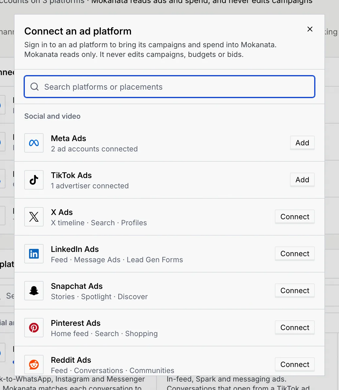 The Connect an ad platform dialog with a search box and the platforms grouped, Meta Ads and TikTok Ads with Add, the rest with Connect