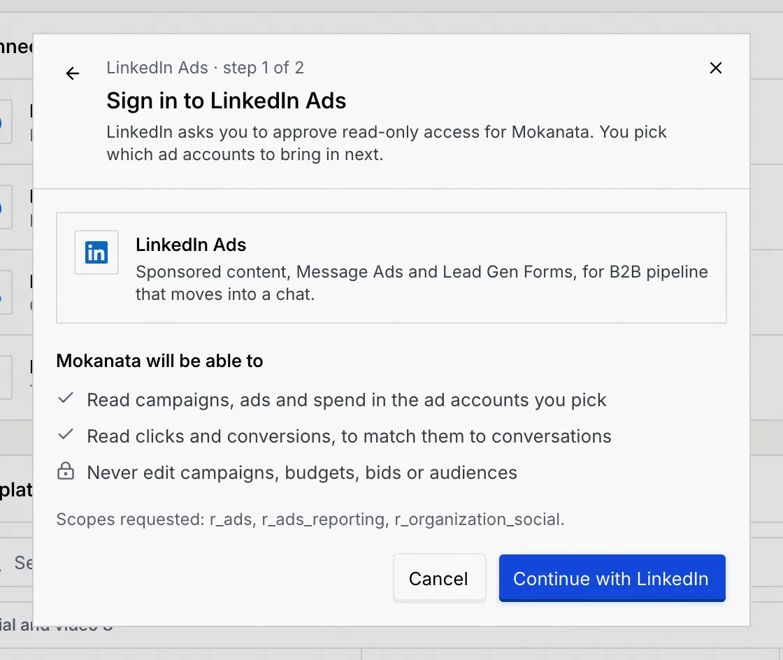 Sign in to LinkedIn Ads, step 1 of 2: what Mokanata will be able to do, the scopes requested, and Continue with LinkedIn