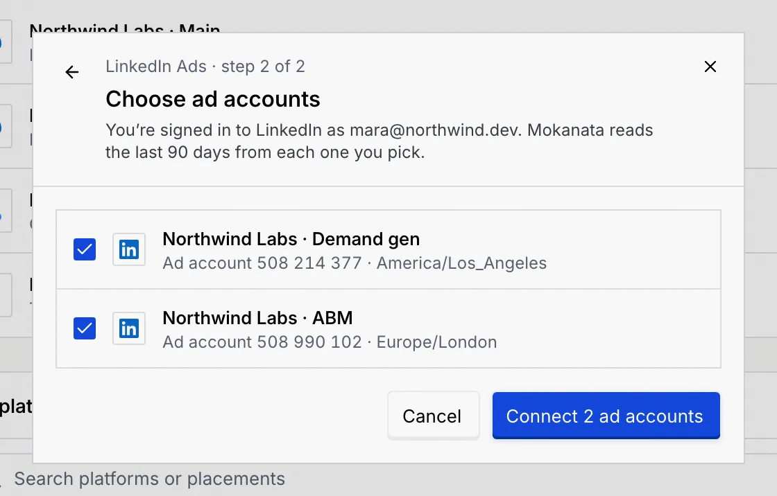 Choose ad accounts for LinkedIn Ads: signed in as mara@northwind.dev, Northwind Labs · Demand gen and Northwind Labs · ABM both ticked, and Connect 2 ad accounts
