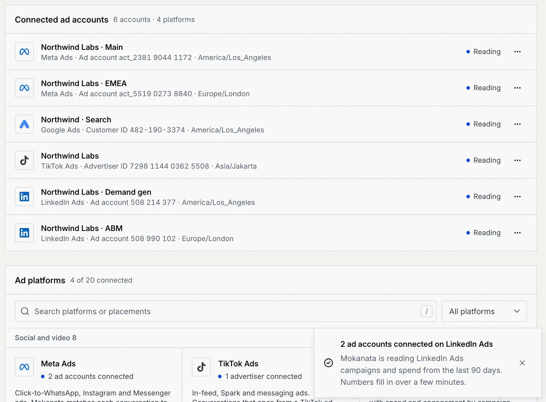 Connected ad accounts now 6 accounts on 4 platforms, including the two LinkedIn accounts, and the toast "2 ad accounts connected on LinkedIn Ads"