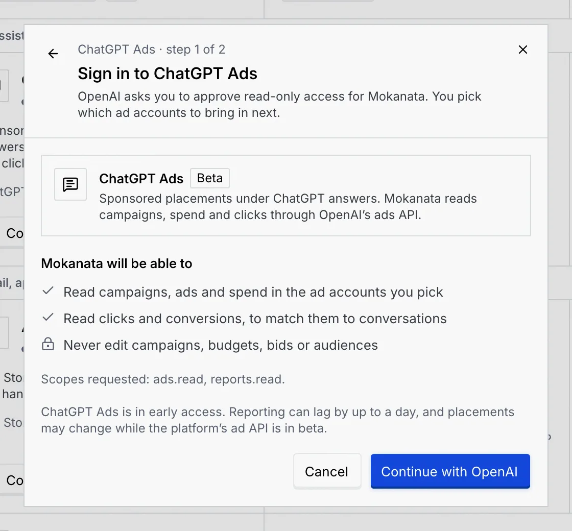 Sign in to ChatGPT Ads, with the Beta badge and the early access note above Continue with OpenAI
