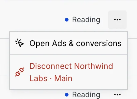The row menu for Northwind Labs · Main with Open Ads & conversions and Disconnect Northwind Labs · Main
