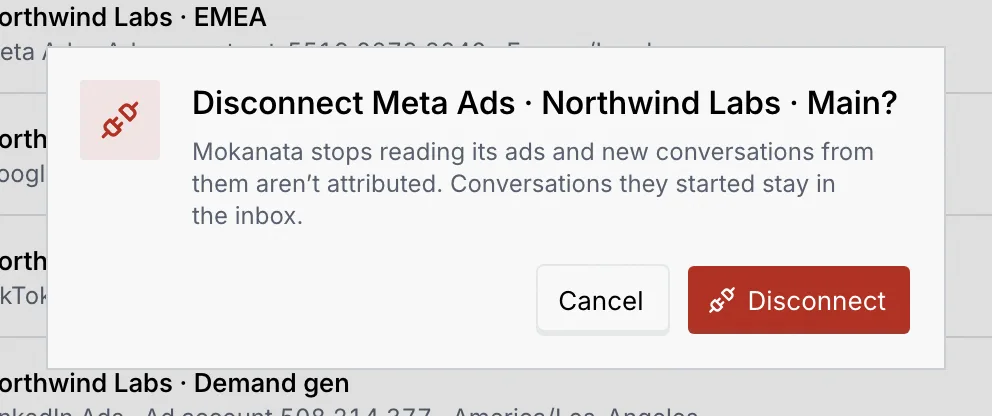 The Disconnect Meta Ads · Northwind Labs · Main? confirmation with Cancel and Disconnect