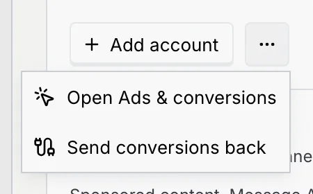 The Meta Ads card menu with Open Ads & conversions and Send conversions back
