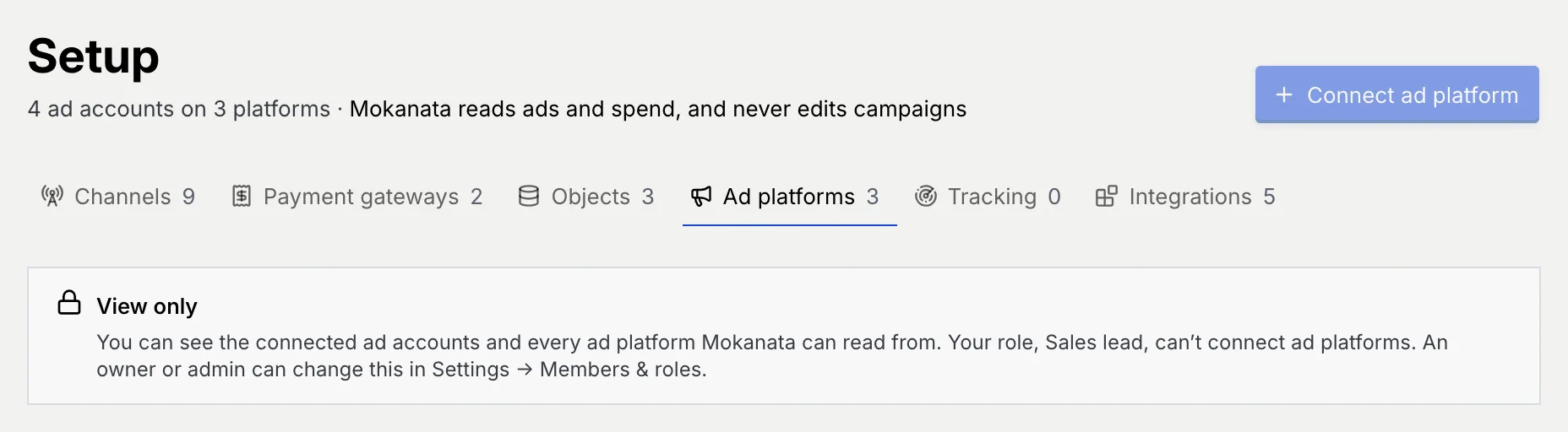 The View only notice for the Sales lead role, with Connect ad platform disabled
