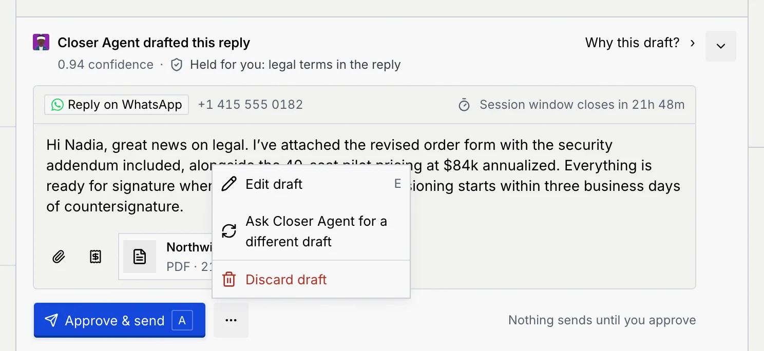 The draft's More actions menu: Edit draft with the E key, Ask Closer Agent for a different draft, and Discard draft