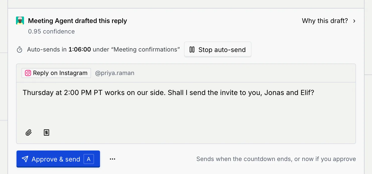 Priya Raman's draft from Meeting Agent counting down to auto-send under Meeting confirmations, about an hour left, with a Stop auto-send button