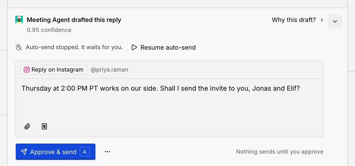 The same draft after stopping: Auto-send stopped. It waits for you, with a Resume auto-send button
