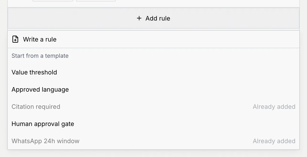 The Add rule menu with Write a rule and five templates, two of them Already added