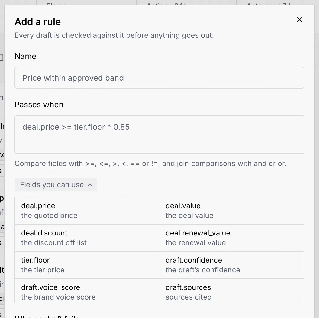 The Add a rule dialog with Name, Passes when, and the Fields you can use list open, showing deal.price, deal.value, deal.discount, tier.floor and draft fields