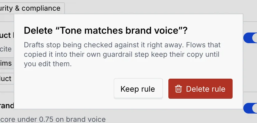 The dialog Delete Tone matches brand voice? with Keep rule and Delete rule