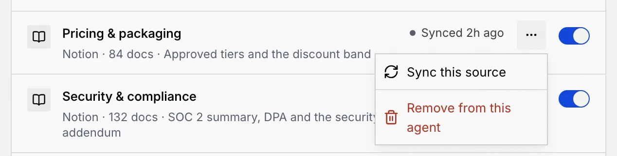 The source menu for Pricing & packaging with Sync this source and Remove from this agent