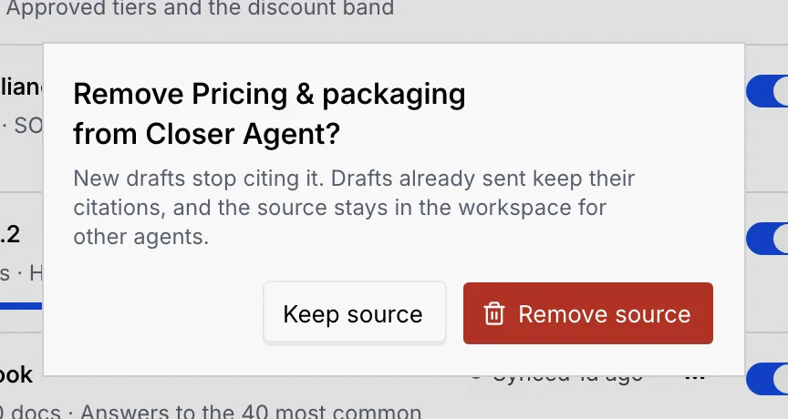 The dialog Remove Pricing & packaging from Closer Agent? with Keep source and Remove source
