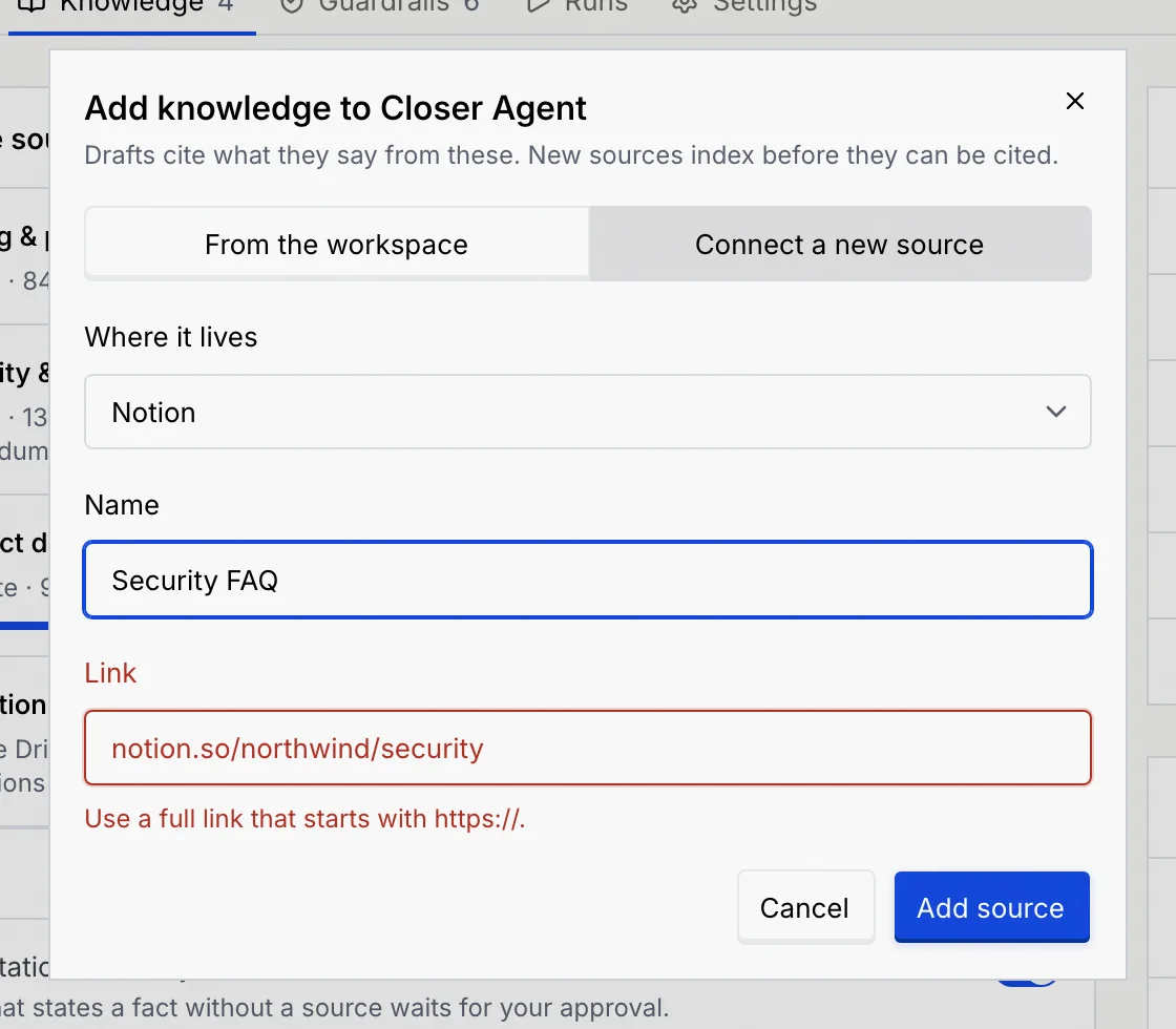 The Connect a new source form with Where it lives Notion, Name Security FAQ and a Link without https showing Use a full link that starts with https://.