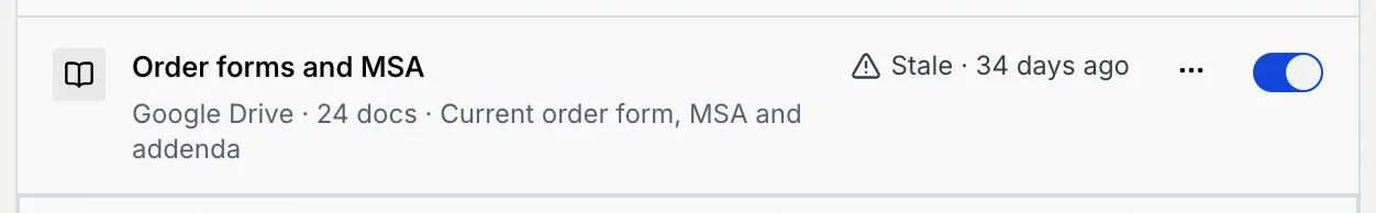 The Order forms and MSA source marked Stale, 34 days ago