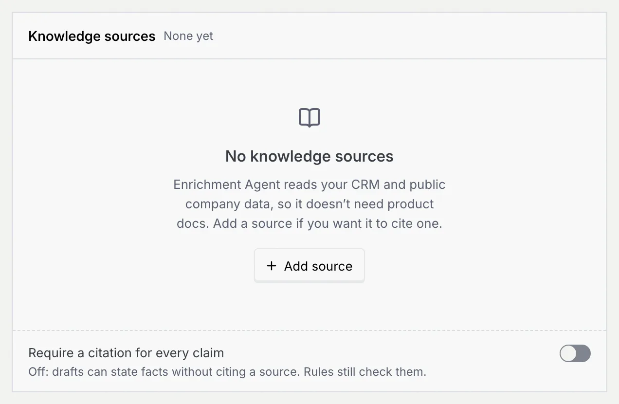 The empty state No knowledge sources for Enrichment Agent, with Add source and the citation switch turned off