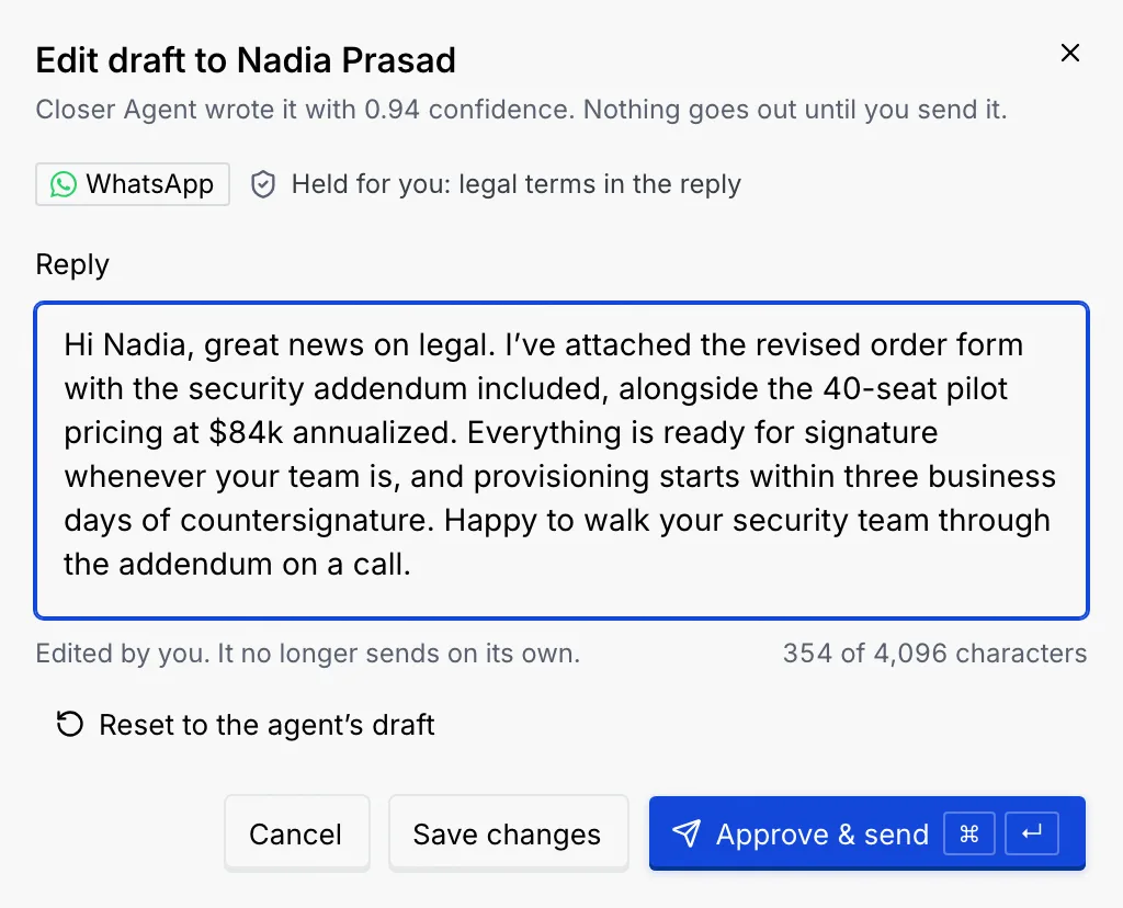 The Edit draft to Nadia Prasad dialog with a sentence added to the reply, the character counter, and Cancel, Save changes and Approve & send