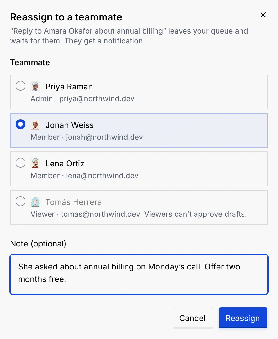 The Reassign to a teammate dialog with Jonah Weiss picked, Tomรกs Herrera greyed out as a viewer, and a note filled in