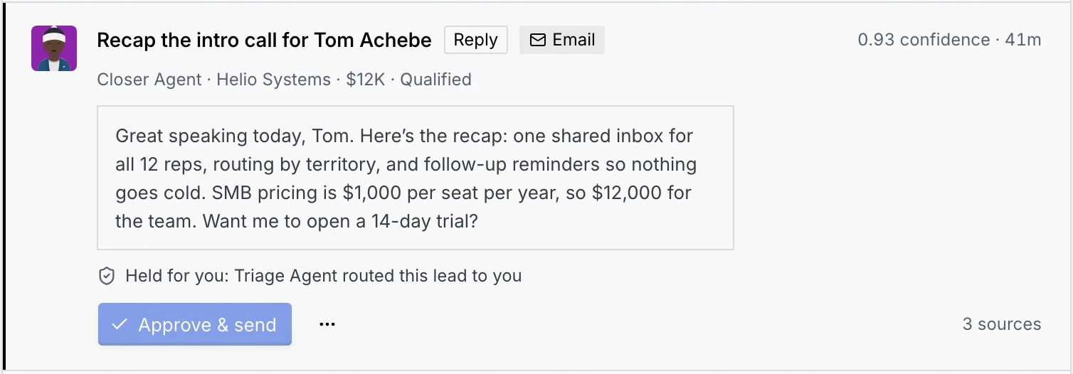 A card seen by a Viewer: Recap the intro call for Tom Achebe, with Approve & send greyed out