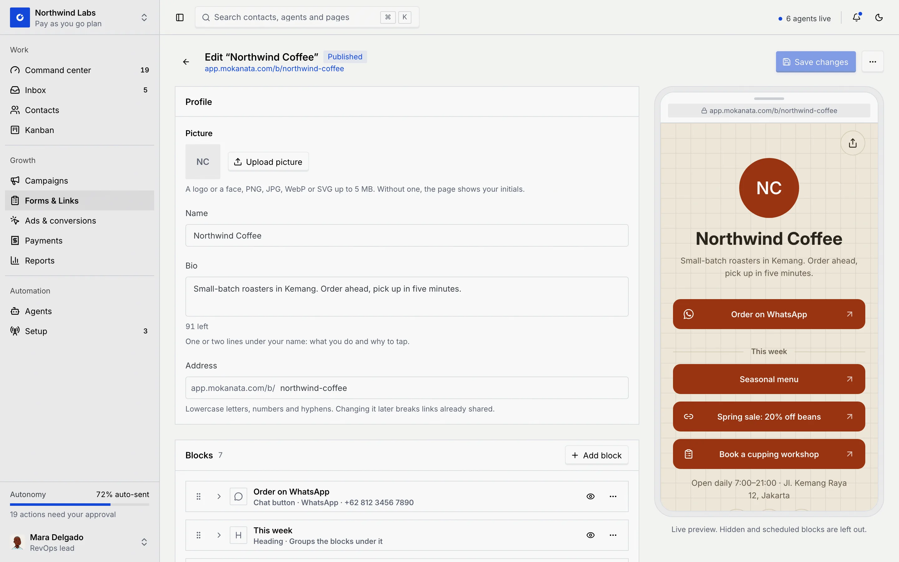 The editor for Northwind Coffee, Published, with the Profile panel (picture, name, bio and address), the start of the Blocks panel and the phone preview