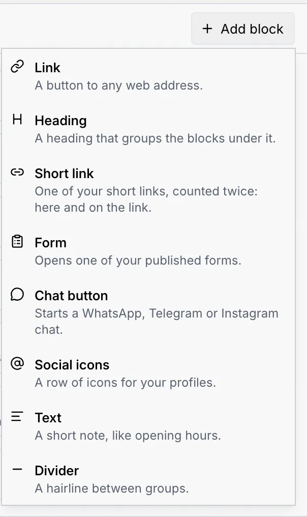 The Add block menu with Link, Heading, Short link, Form, Chat button, Social icons, Text and Divider, each with a one-line description