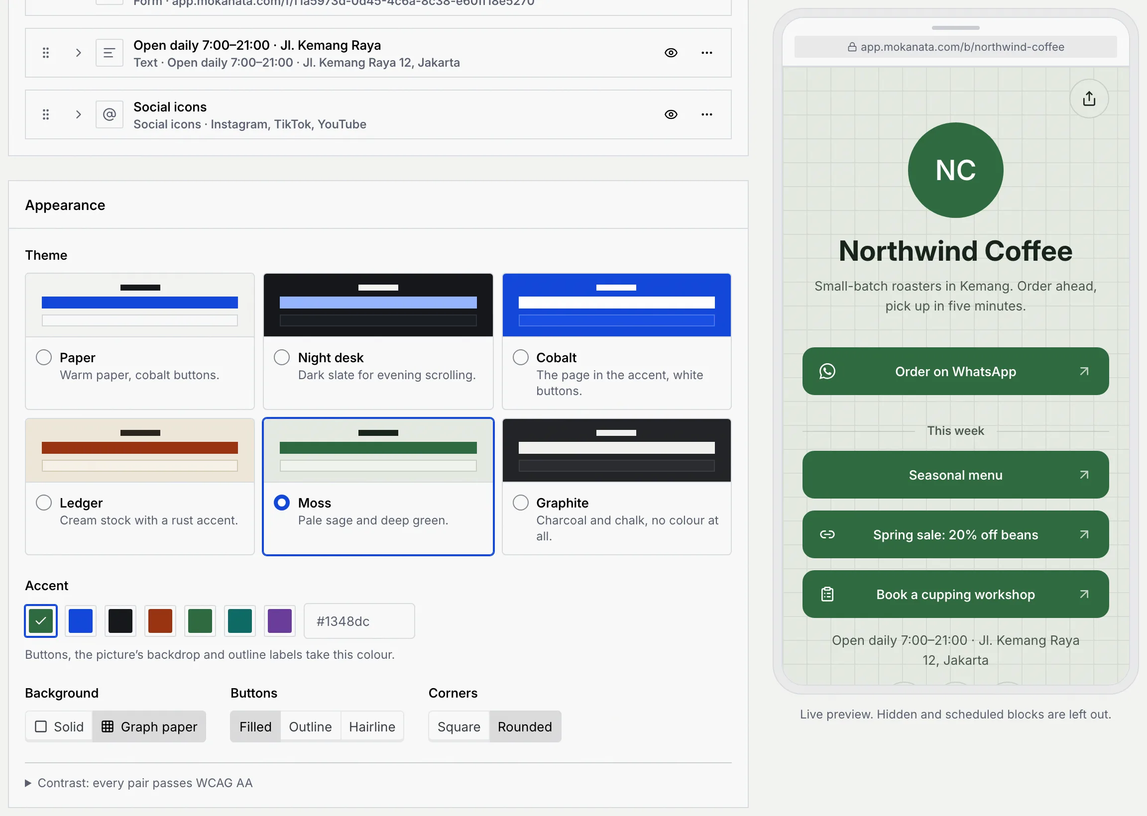 The Appearance panel with the Moss theme selected, the accent swatches, Background Graph paper, Buttons Filled and Corners Rounded, next to the preview in pale sage and deep green