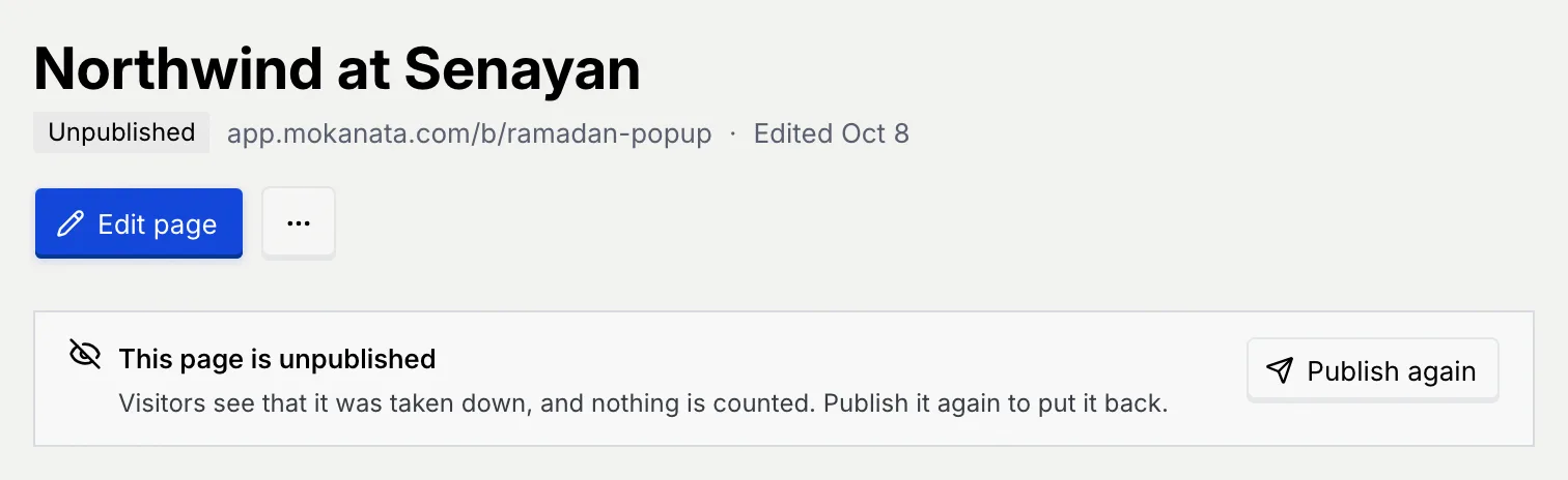 Northwind at Senayan, Unpublished, with the notice This page is unpublished. Visitors see that it was taken down, and nothing is counted. and the Publish again button