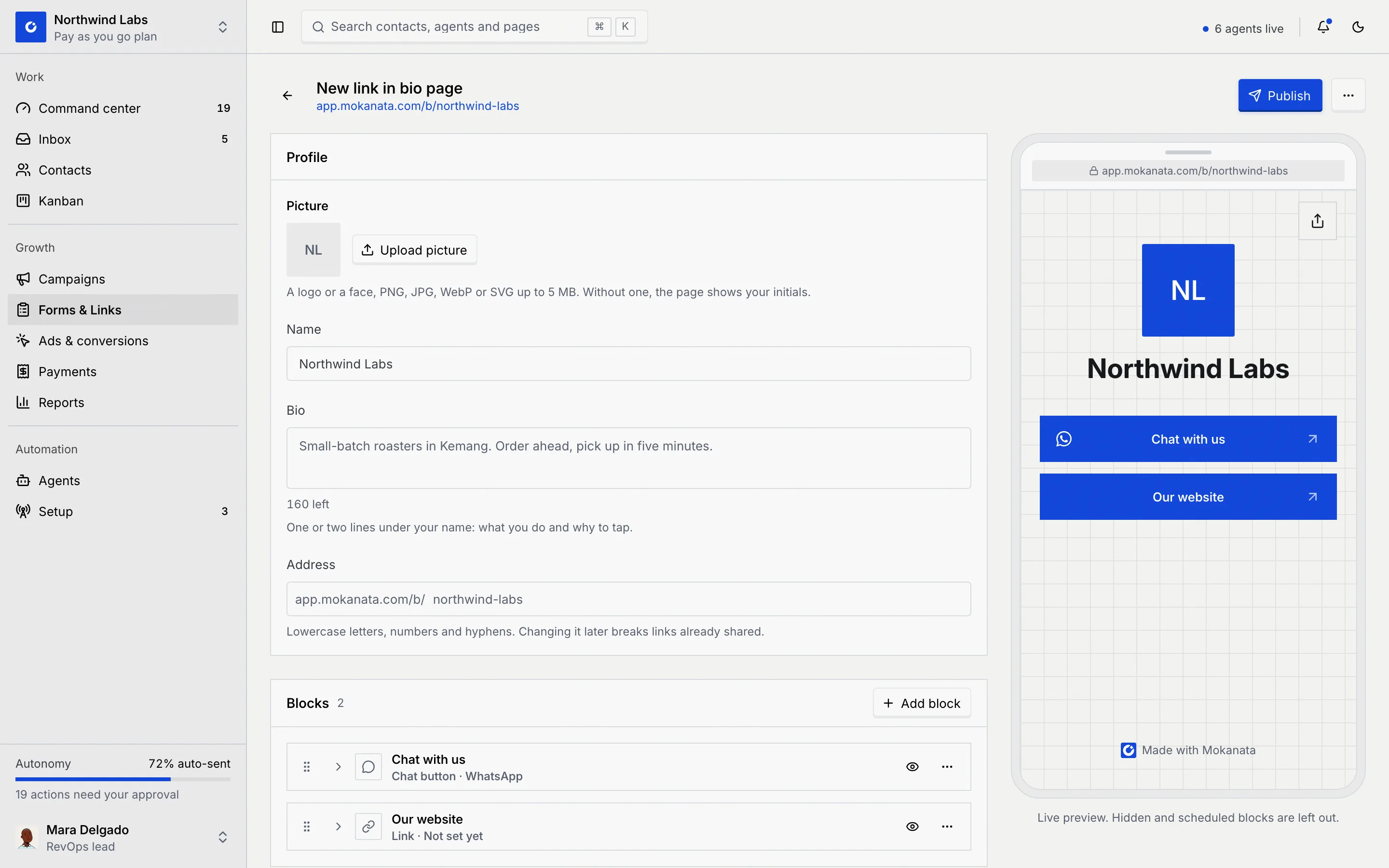 The New link in bio page editor with the Profile panel (picture, name, bio and address), the Blocks panel with two blocks, and the phone preview
