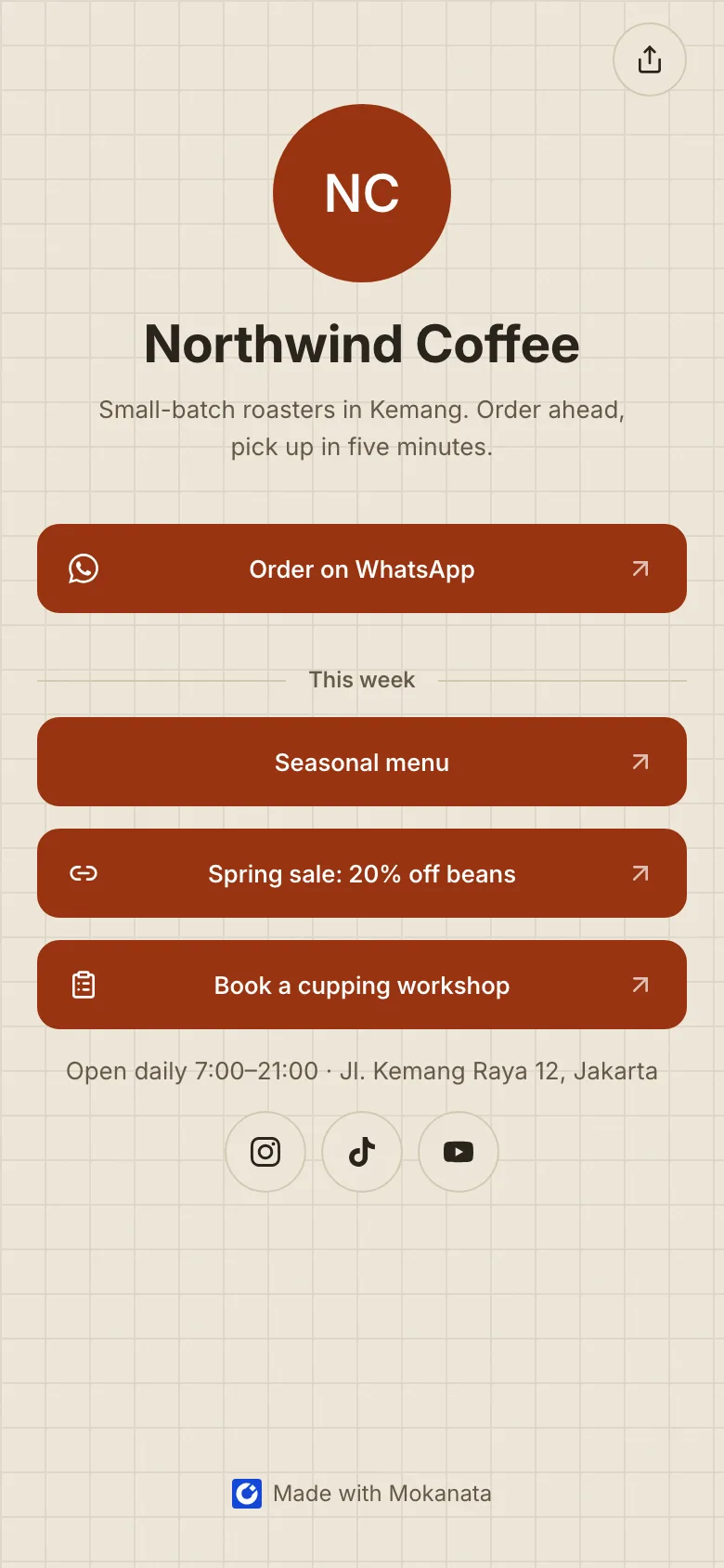 The Northwind Coffee page on a phone: the NC initials, name and bio, Order on WhatsApp, the This week heading, Seasonal menu, Spring sale and Book a cupping workshop buttons, opening hours and Instagram, TikTok and YouTube icons