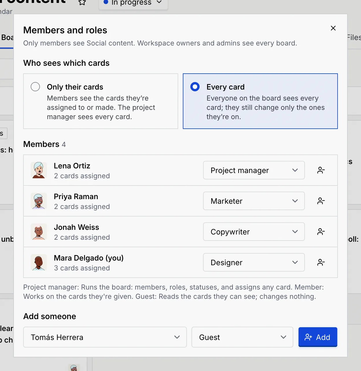 The Add someone row on Social content with Tomás Herrera chosen as a Guest, next to the Add button