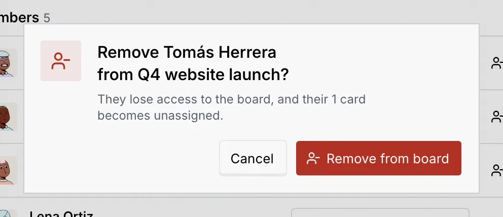 The confirmation Remove Tomás Herrera from Q4 website launch? They lose access to the board, and their 1 card becomes unassigned.