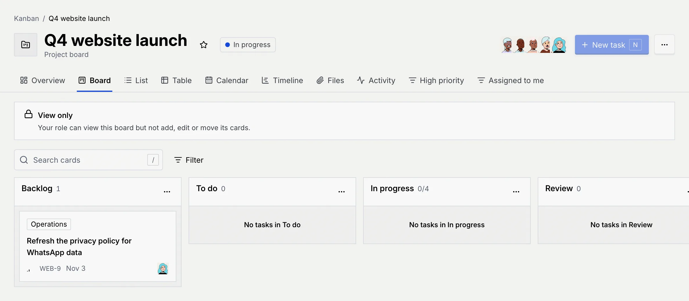 Q4 website launch for a guest: the board status as a plain label, New task greyed out and the View only notice above the columns