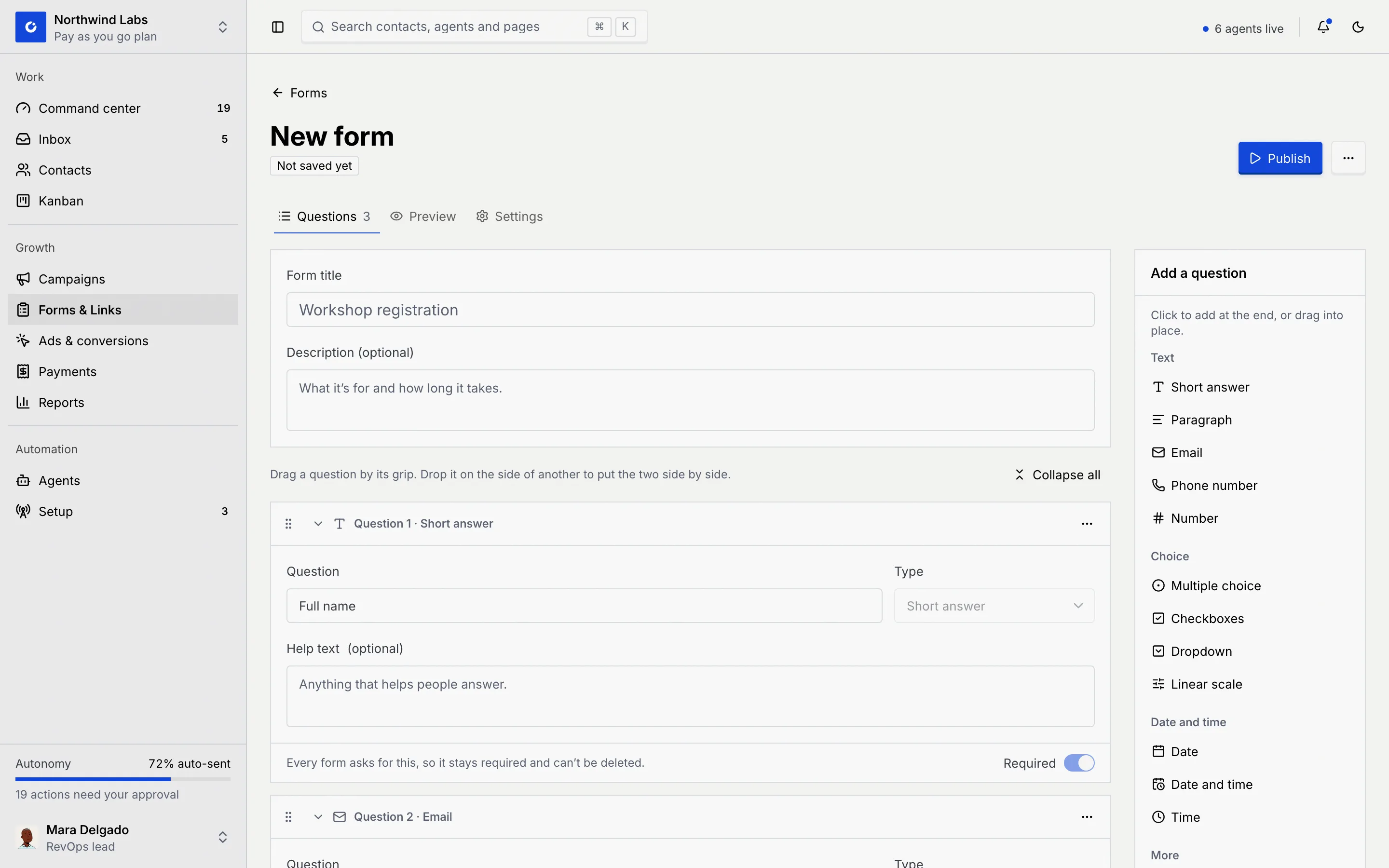 The new form builder with the Form title and Description fields, the Full name question, and the Add a question palette on the right