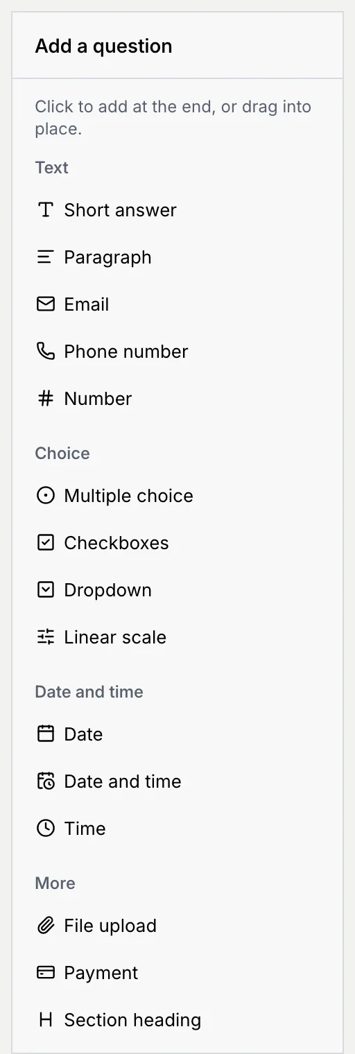 The Add a question palette: Short answer, Paragraph, Email, Phone number, Number, Multiple choice, Checkboxes, Dropdown, Linear scale, Date, Date and time, Time, File upload, Payment and Section heading