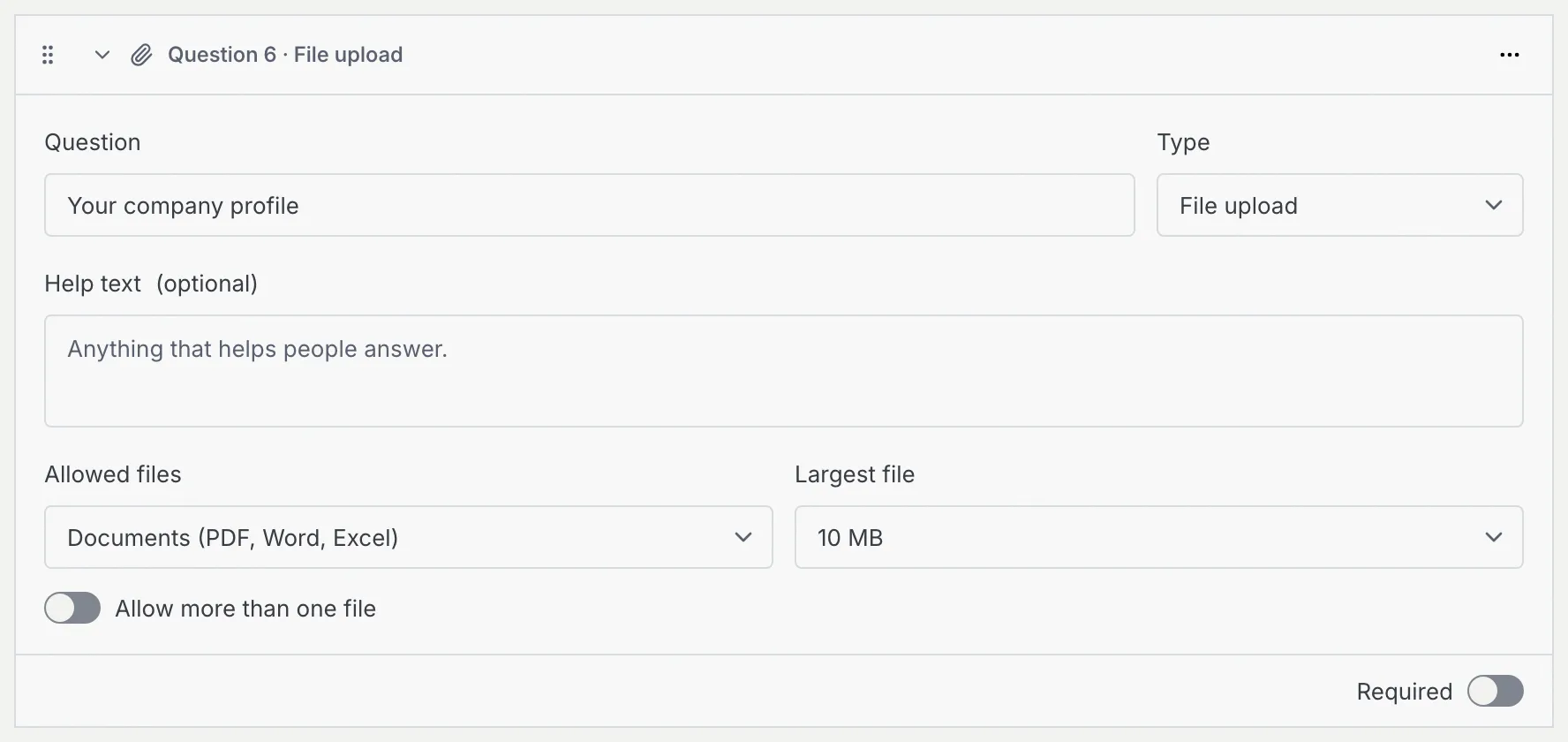 A File upload question with Allowed files set to Documents (PDF, Word, Excel), Largest file 10 MB and Allow more than one file off