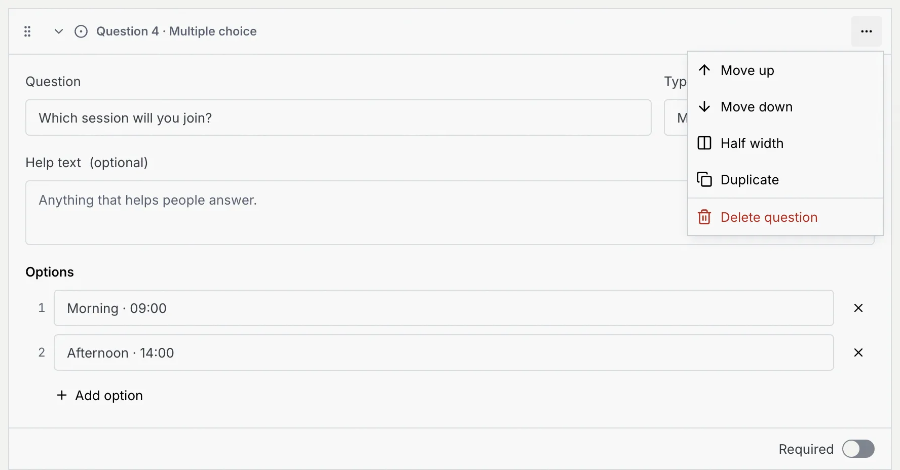 The menu of question 4 with Move up, Move down, Half width, Duplicate and Delete question