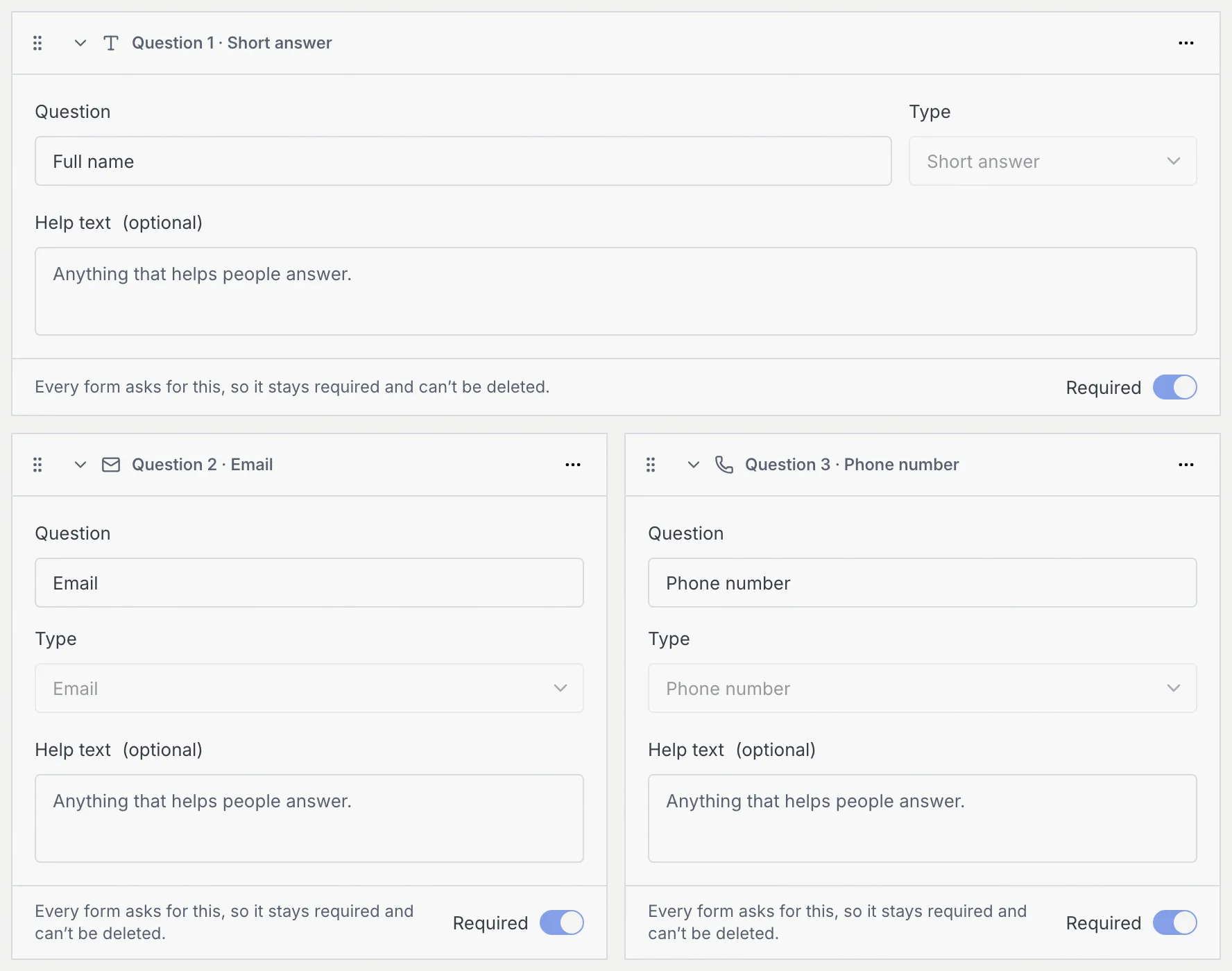 Full name across the full width, with Email and Phone number side by side underneath as half width questions