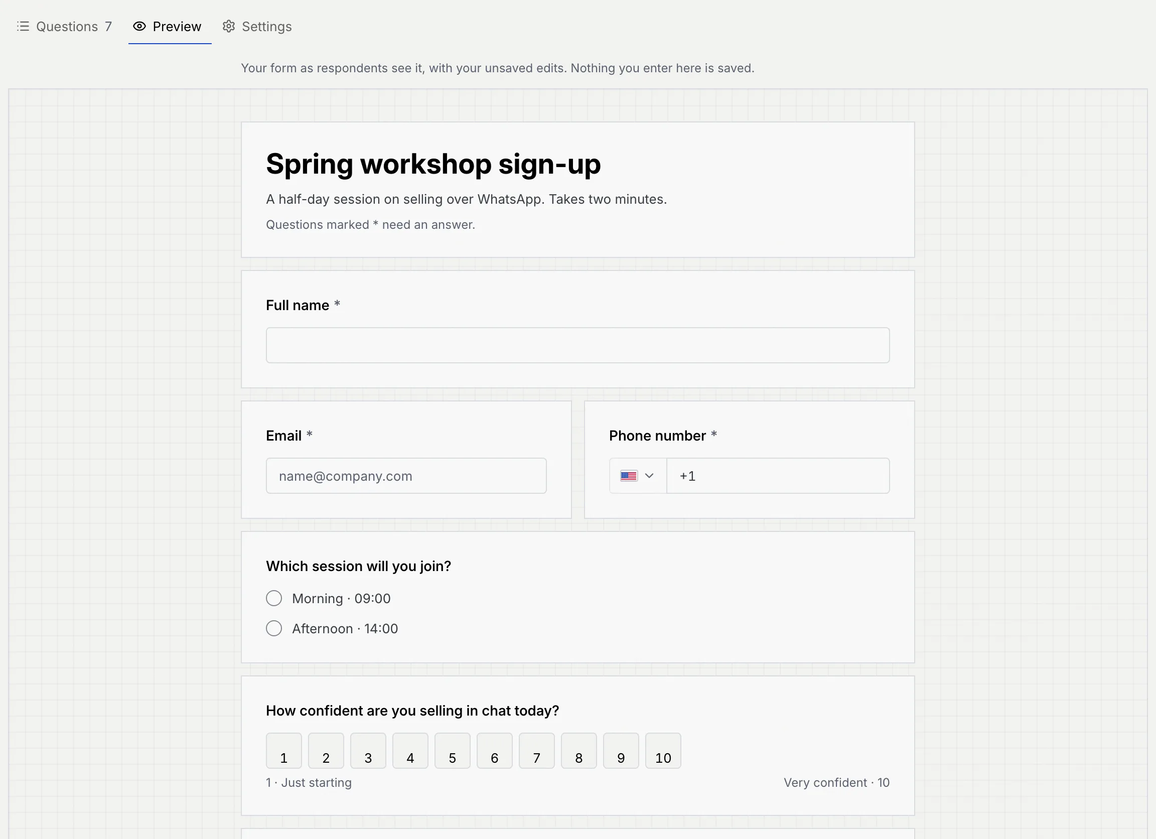 The Preview tab showing Spring workshop sign-up on graph paper, with Full name, Email and Phone number side by side, the session choice and the 1 to 10 scale