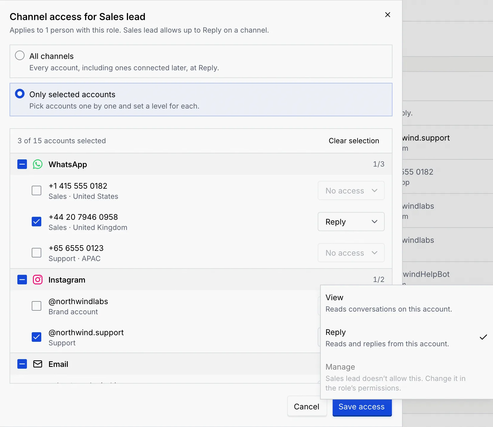 The Channel access dialog with the level picker open on @northwind.support: View and Reply available, Manage greyed out because Sales lead doesn't allow it