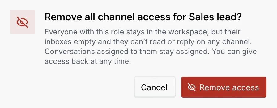 The confirmation Remove all channel access for Sales lead? with the Remove access button