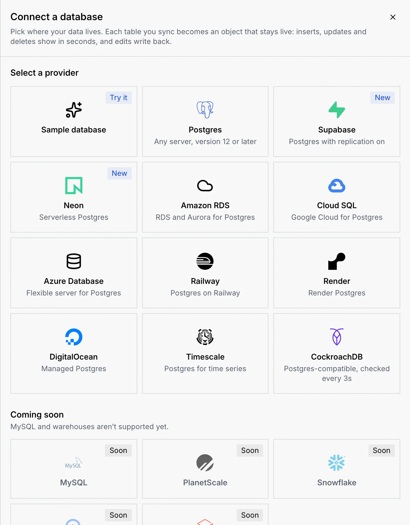 The Connect a database sheet listing the providers, with Sample database marked Try it and Supabase and Neon marked New, then the Coming soon providers