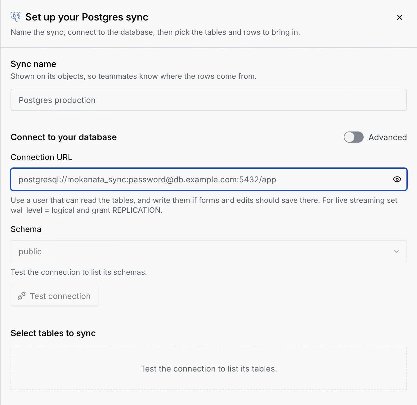 The Set up your Postgres sync sheet with Sync name, Connection URL, Schema, Test connection and Select tables to sync