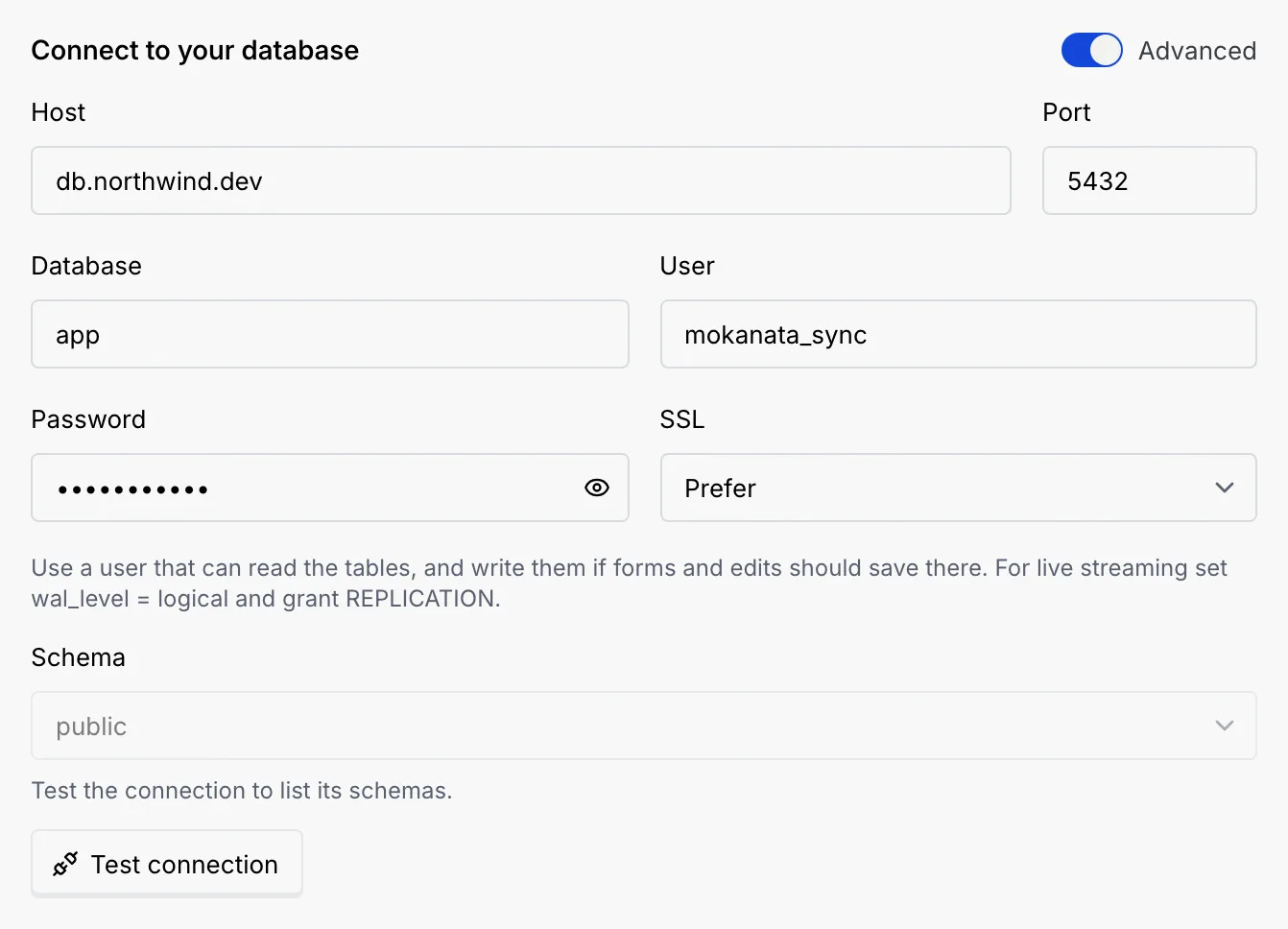 The Advanced connection fields: Host, Port, Database, User, a hidden Password and SSL set to Prefer
