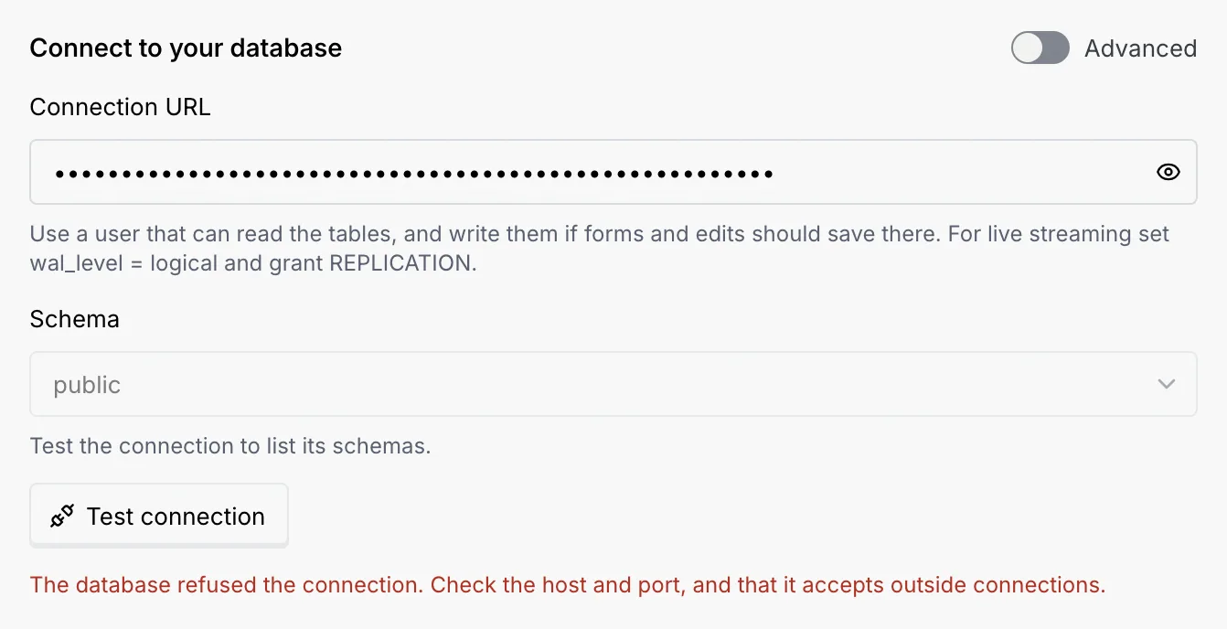 A failed test: under Test connection, “The database refused the connection. Check the host and port, and that it accepts outside connections.”