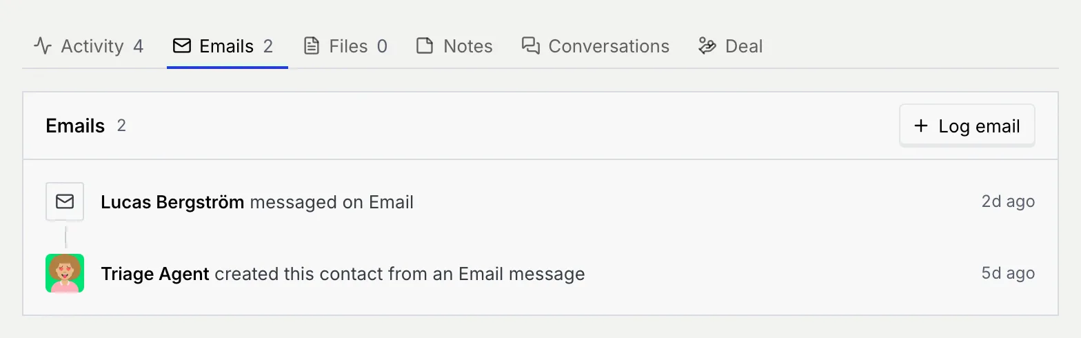 The Emails tab for Lucas Bergström with two email events and a Log email button