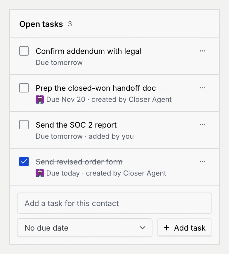 The Open tasks panel: Confirm addendum with legal, Prep the closed-won handoff doc, the new Send the SOC 2 report (due tomorrow, added by you), and Send revised order form ticked and struck through