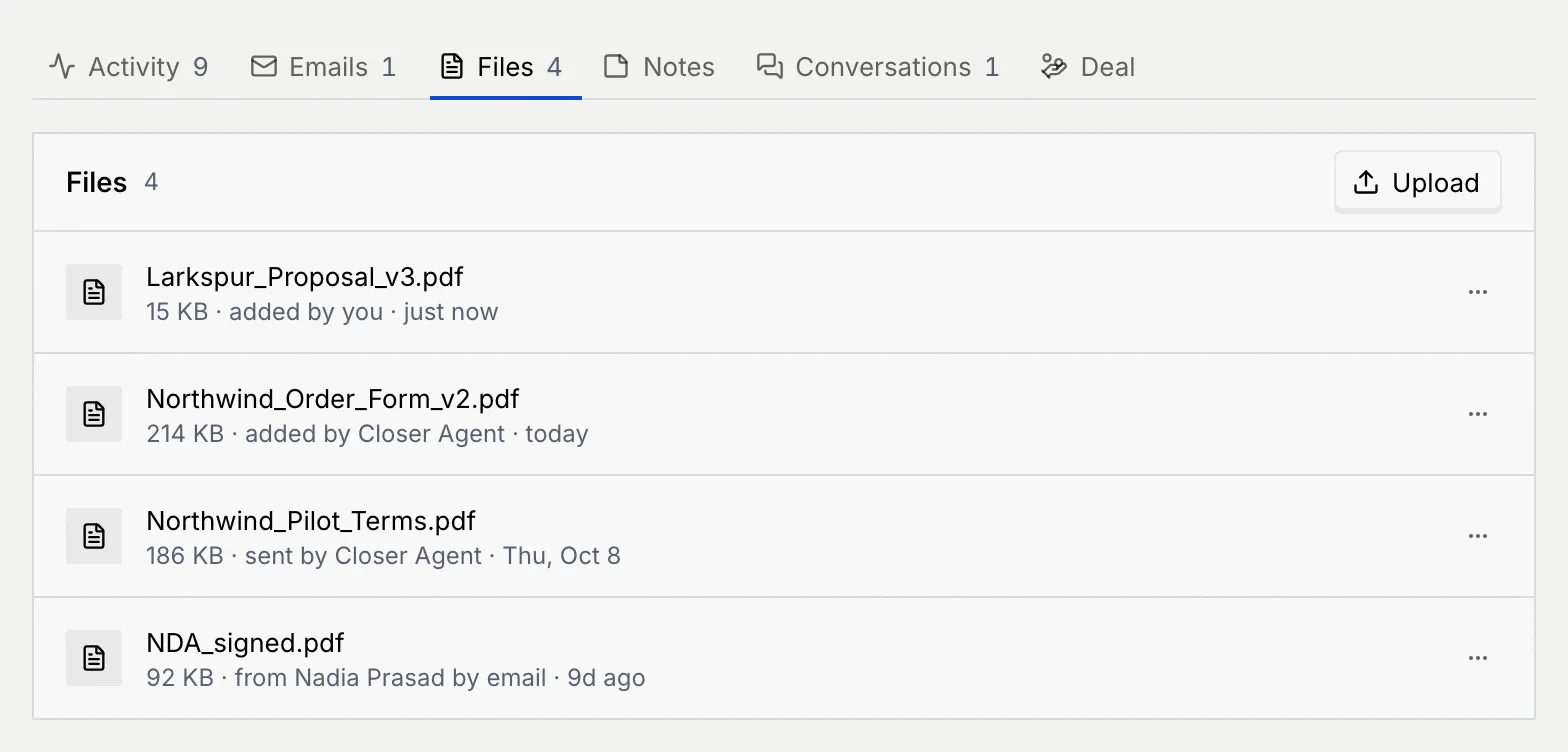 The Files tab with Larkspur_Proposal_v3.pdf at the top, 15 KB, added by you, just now, above the order form, pilot terms and signed NDA