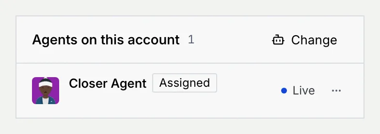 The same panel after assigning Closer Agent: one row, Closer Agent, Assigned, Live